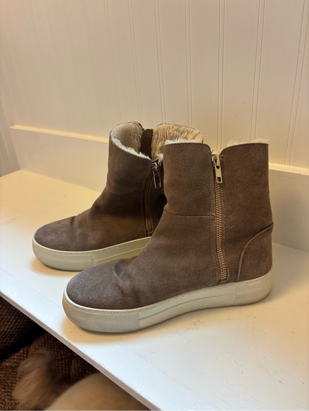 J Slides Taupe Suede Shearling-Lined Zip Ankle Booties